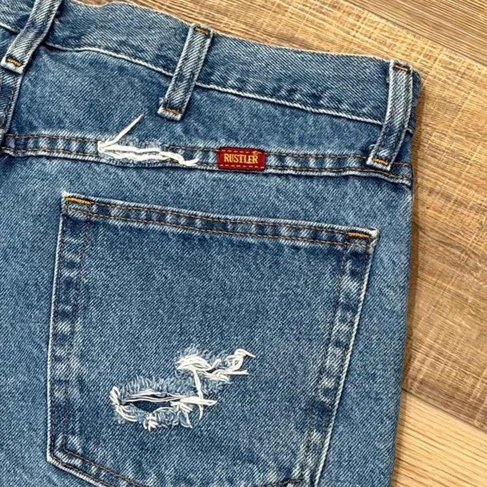 Y2K 2000s Blue Denim Shorts rustlers cut off shorts worn in look Size 34 Cotton